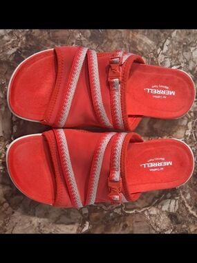 Merrell Women’s Red Slide Sandals with Silver Accent Straps